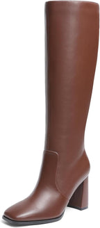 Women's Knee High Square Toe Boots, 3.35" Block Heel