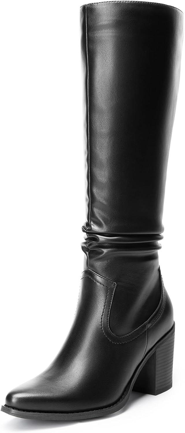 Women's Knee-High Chunky Heel Boots, Slouchy Suede-Look