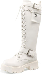 Women's Knee High Platform Combat Boots with Lace-Up Front