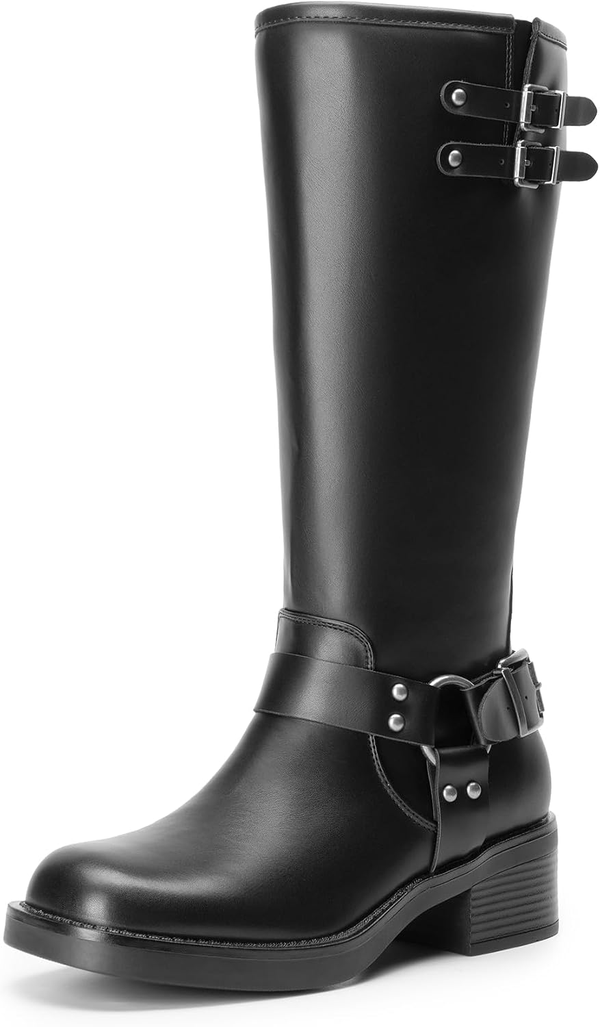 Women's Moto Knee High Boots with Block Heel & Buckles