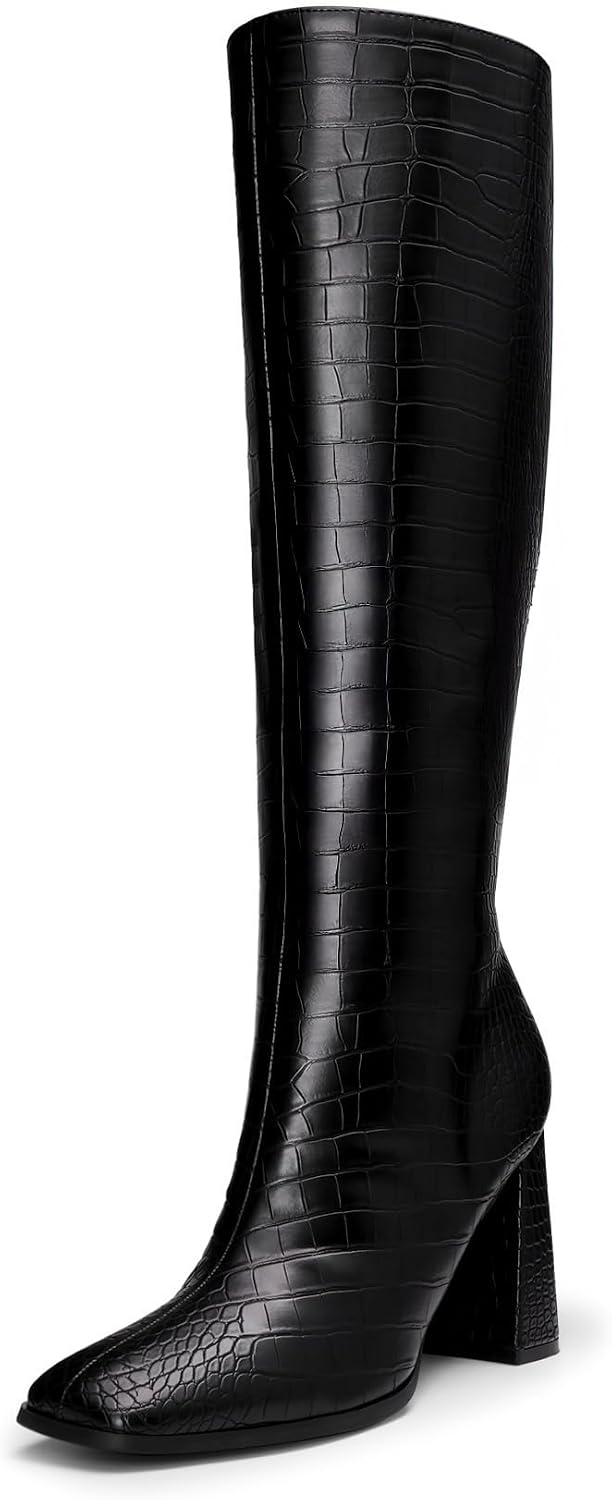 Women's Knee High Square Toe Boots, 3.35" Block Heel