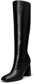 Women's Knee High Square Toe Boots, 3.35" Block Heel