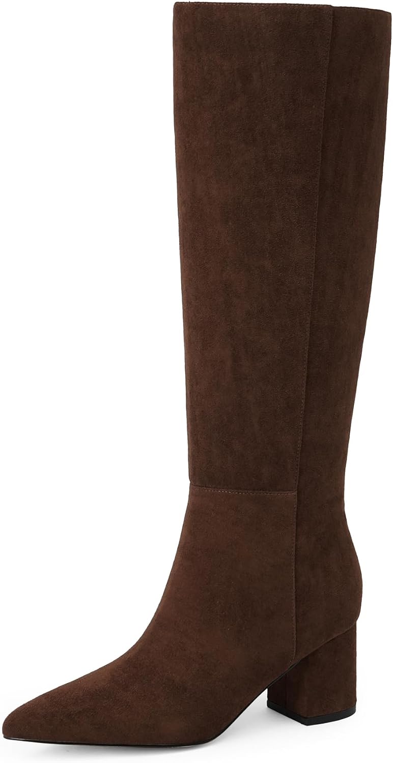 Women's Brown Knee High Boots with Chunky Low Block Heel