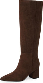 Women's Brown Knee High Boots with Chunky Low Block Heel