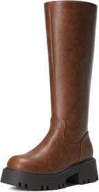 Women's Knee High Platform Chunky Heel Boots with Side Zip