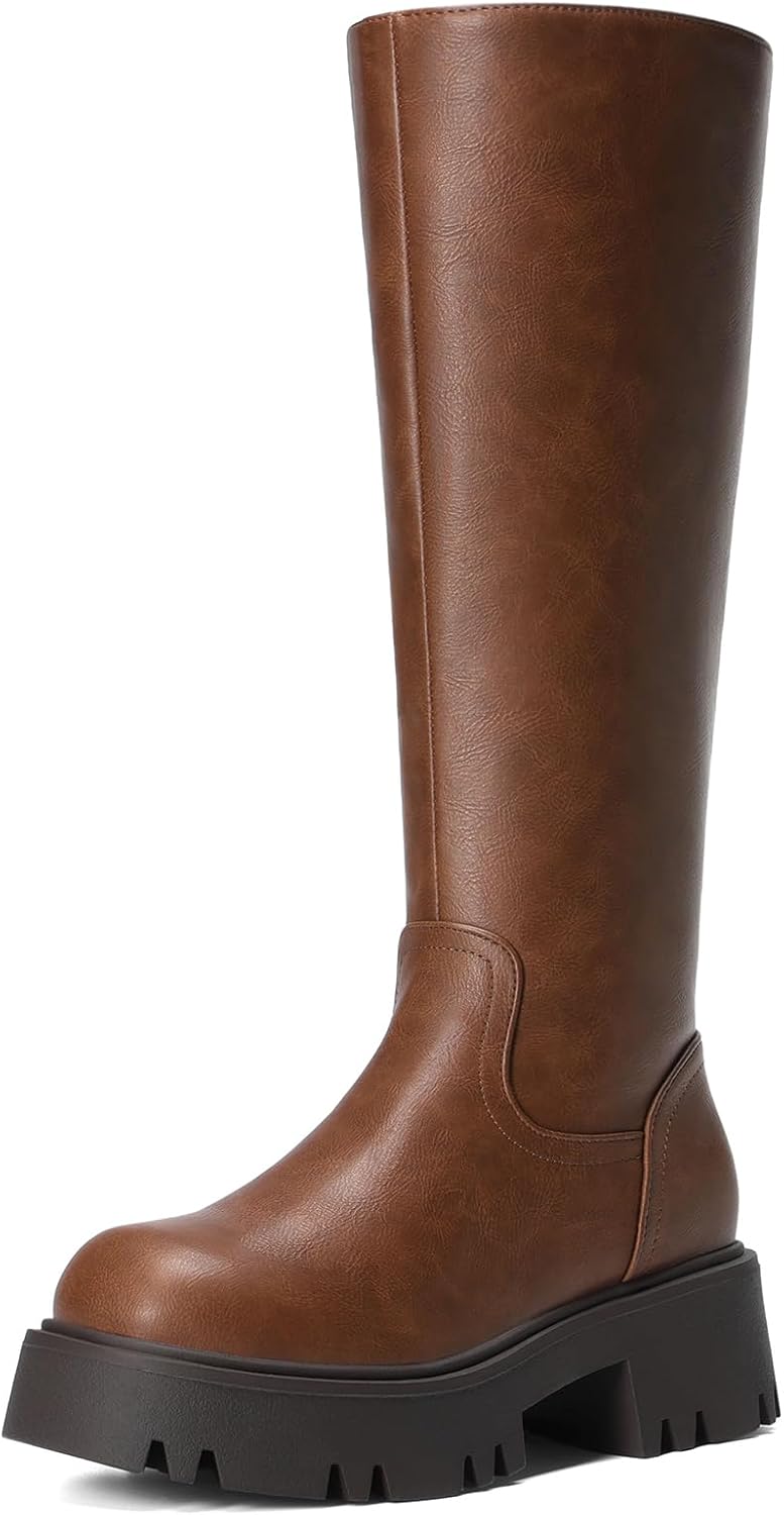 Women's Knee High Platform Chunky Heel Boots with Side Zip