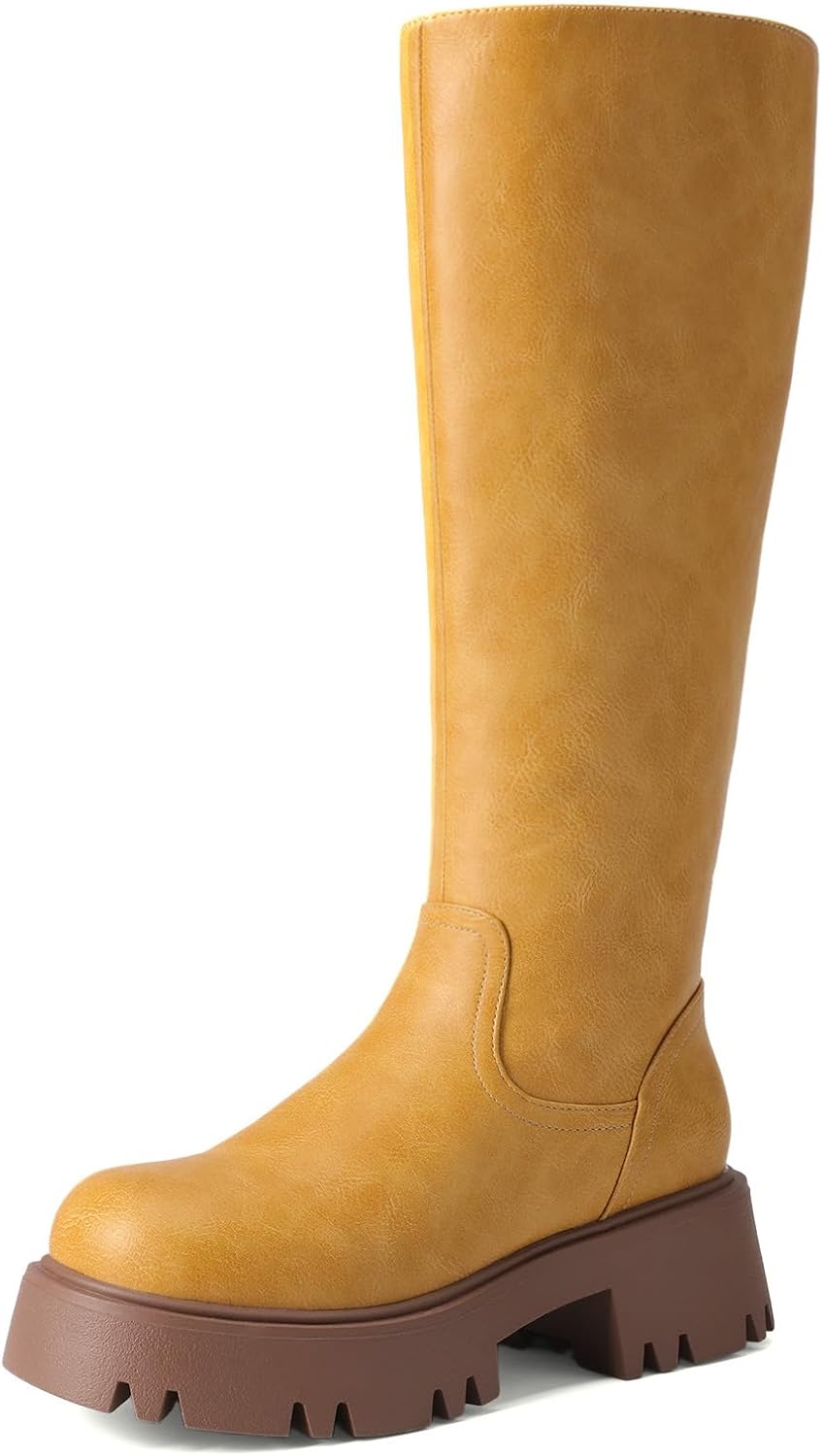 Women's Knee High Platform Chunky Heel Boots with Side Zip