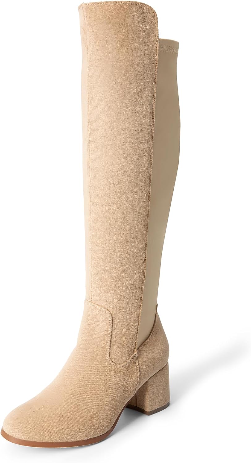 Women's Black Knee High Boots with Stretch & Block Heel