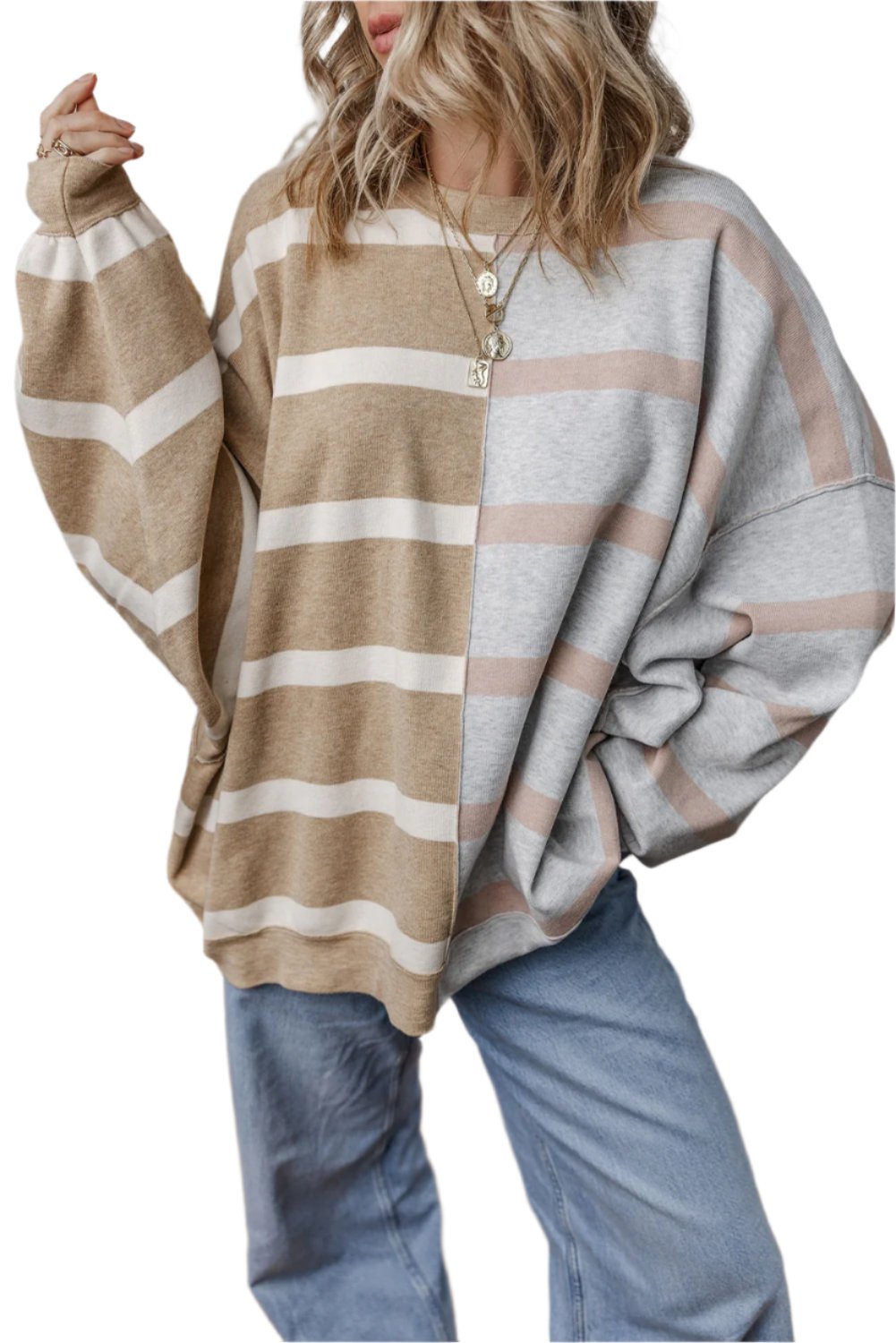 Women's SweatersKhaki Stripe Colorblock Oversized Sweater - VacationGrabs