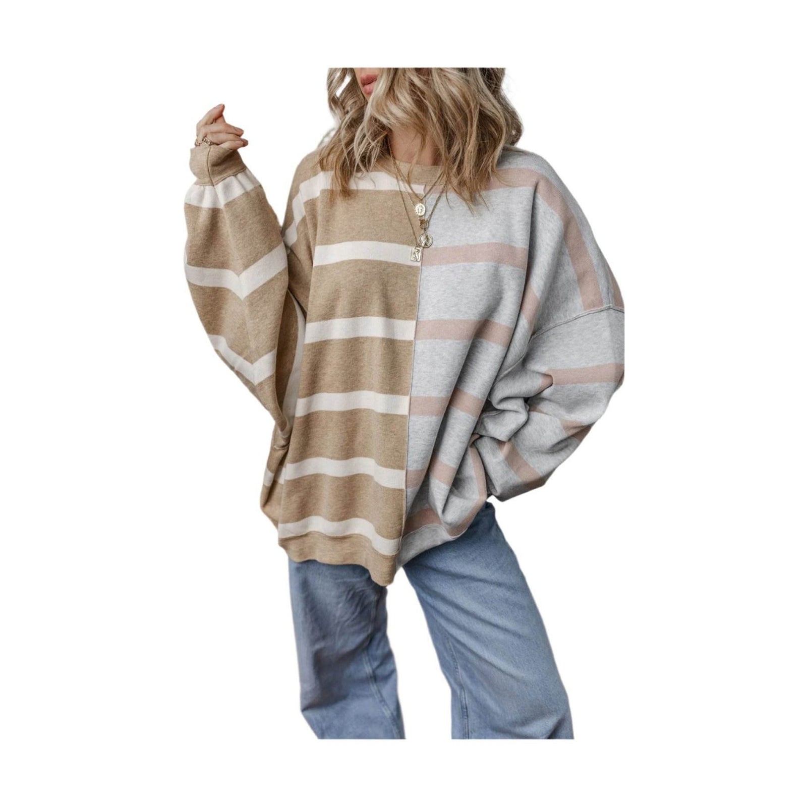 Khaki Stripe Colorblock Oversized Sweater - VacationGrabs