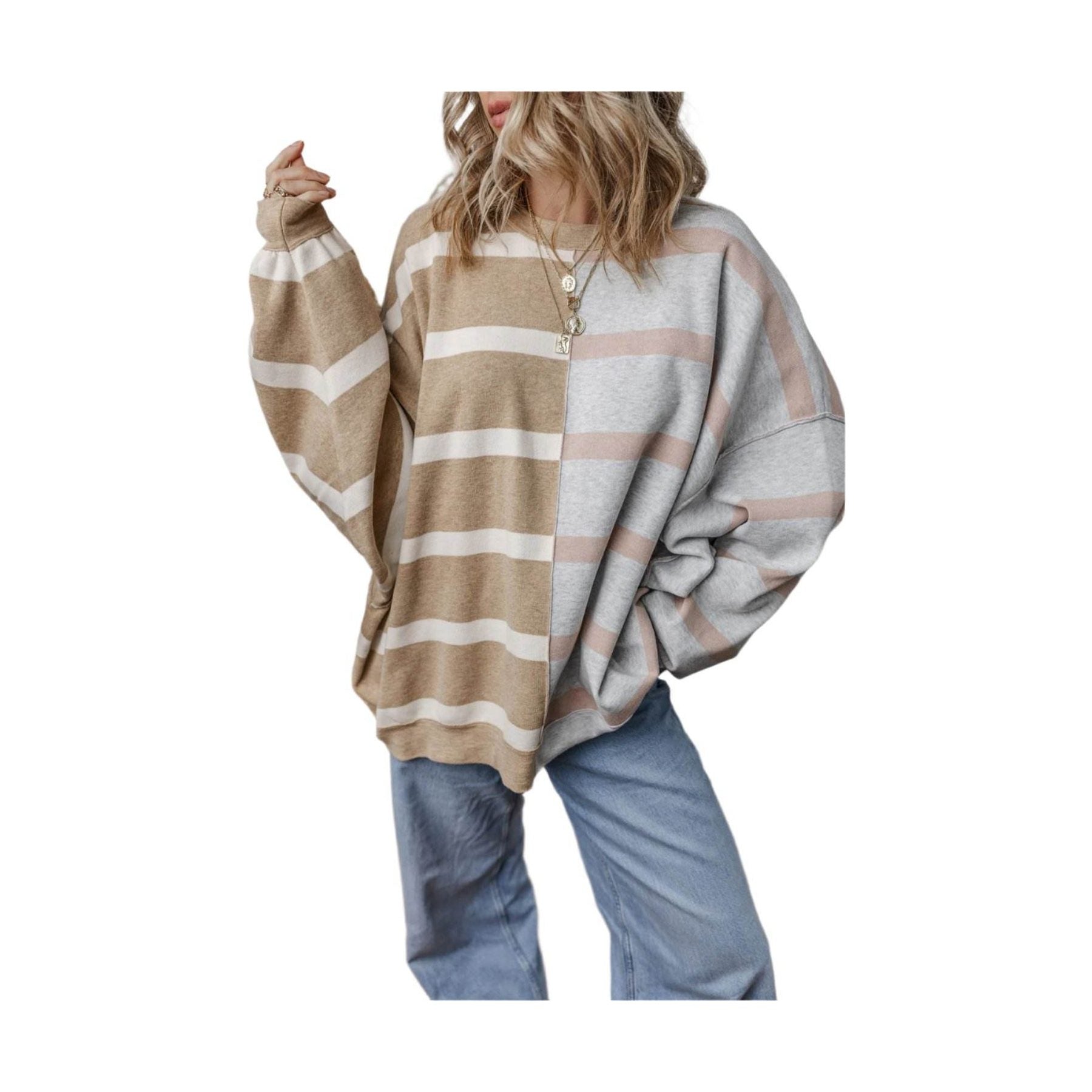 Khaki Stripe Colorblock Oversized Sweater - VacationGrabs