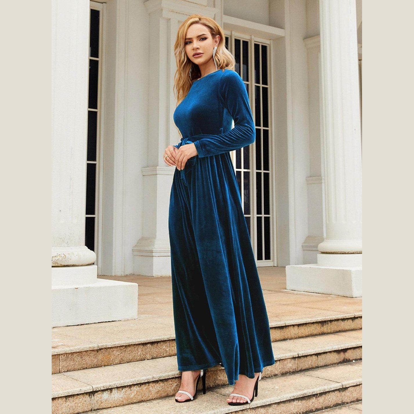 Tie Front Round Neck Long Sleeve Maxi Dress - VacationGrabs