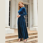 Tie Front Round Neck Long Sleeve Maxi Dress - VacationGrabs