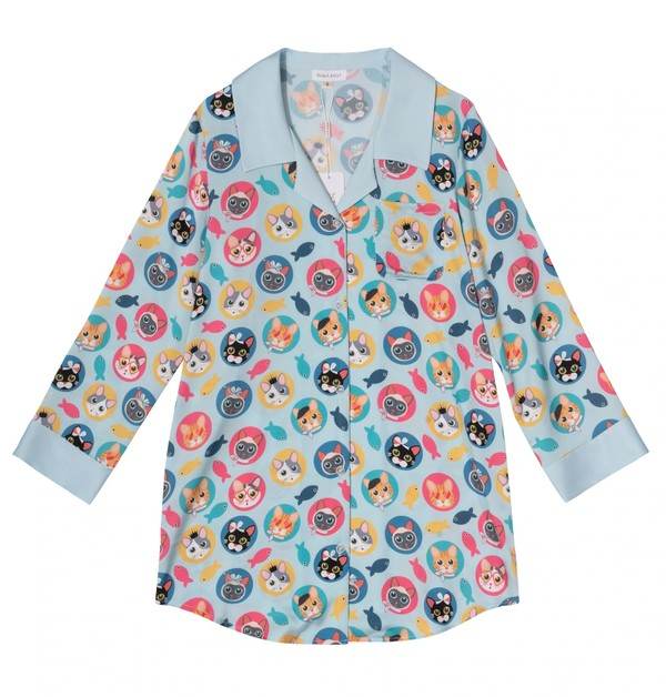 Cat Print Blue Sleep Shirt - VacationGrabs