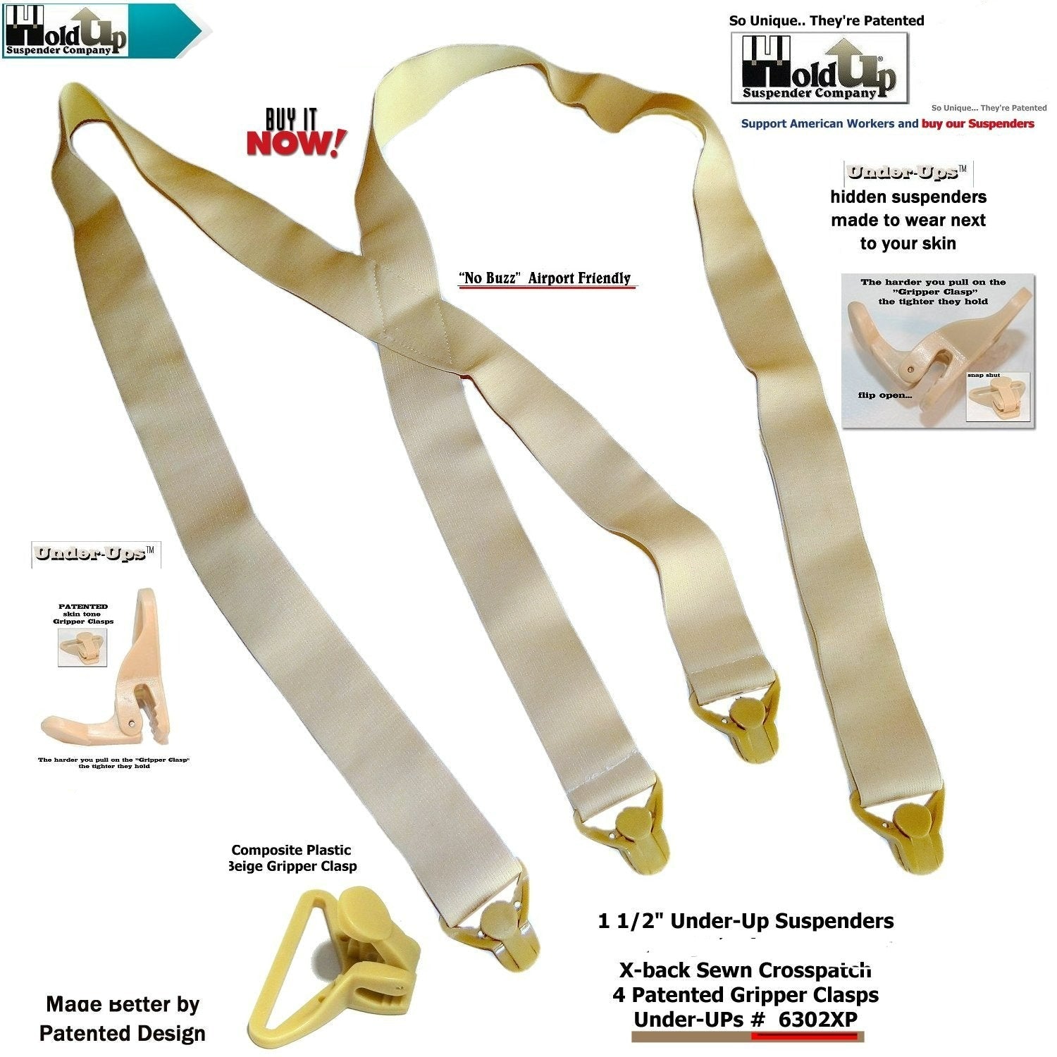 Holdup Brand Under-Up Series light tan hidden 1 1/2" Wide Suspenders with patented Tan Gripper Clasp