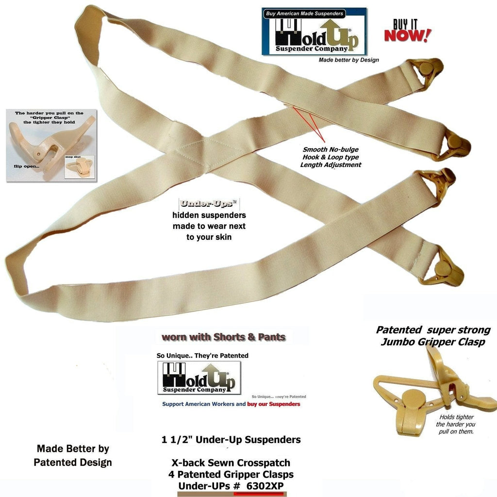 Holdup Brand Under-Up Series light tan hidden 1 1/2" Wide Suspenders with patented Tan Gripper Clasp