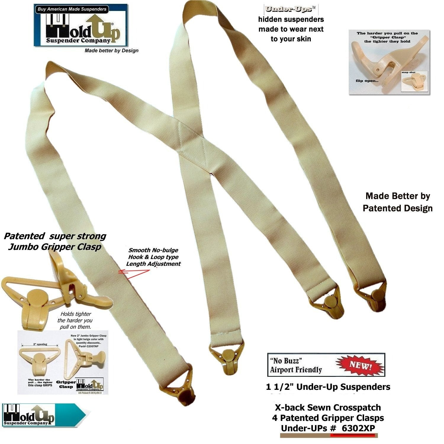 Holdup Brand Under-Up Series light tan hidden 1 1/2" Wide Suspenders with patented Tan Gripper Clasp