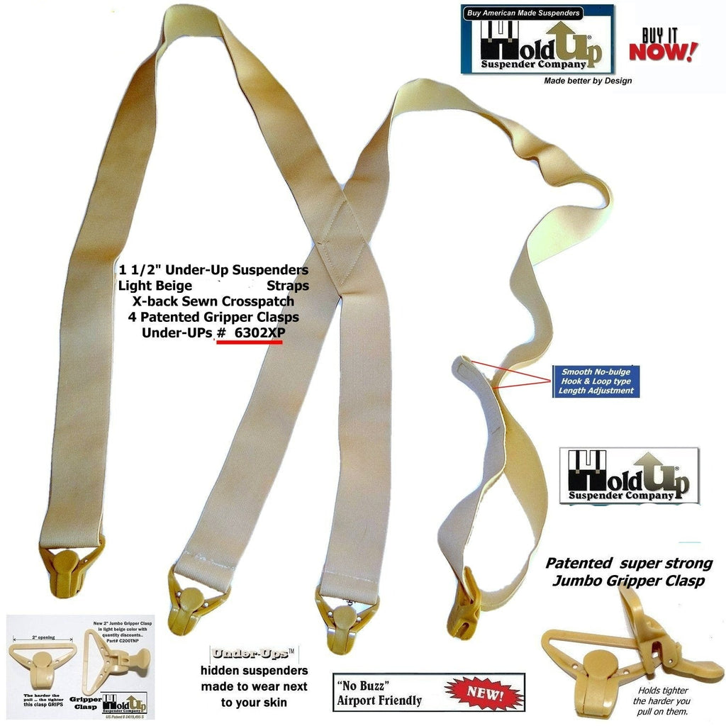 Holdup Brand Under-Up Series light tan hidden 1 1/2" Wide Suspenders with patented Tan Gripper Clasp