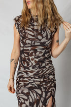 Abstract Mesh Cowl Neck Ruched Slit Midi Dress