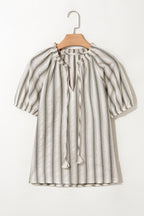 Stripe Frilled Tie-Neck Short Sleeve Blouse