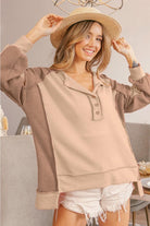 Women's Shirts BiBi Half Button Exposed Seam Contrast Waffle Top