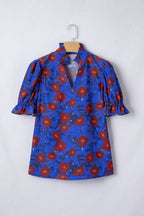 Floral Ruffle Frilled V-Neck Balloon Sleeve Blouse