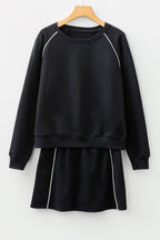 Patchwork Contrast Piping Pullover and Mini Skirt Set
