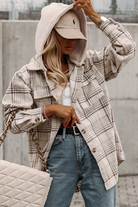 Women's Shirts - ShacketsKhaki Plaid Removable Hood Buttoned Shacket - VacationGrabs