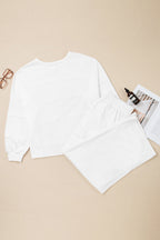 Plus Size Solid Raw Seam Top and Drawstring Pants Set