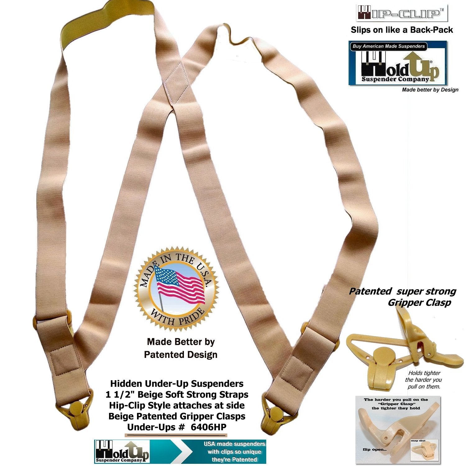HoldUps Brand 1 1/2" Wide Under-Up Series Tan Invisible Undergarment Suspenders
