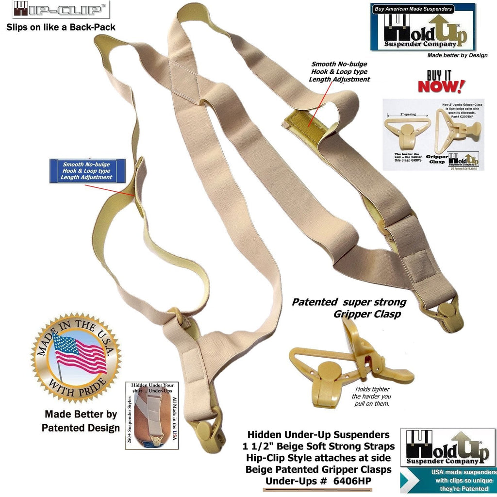 HoldUps Brand 1 1/2" Wide Under-Up Series Tan Invisible Undergarment Suspenders