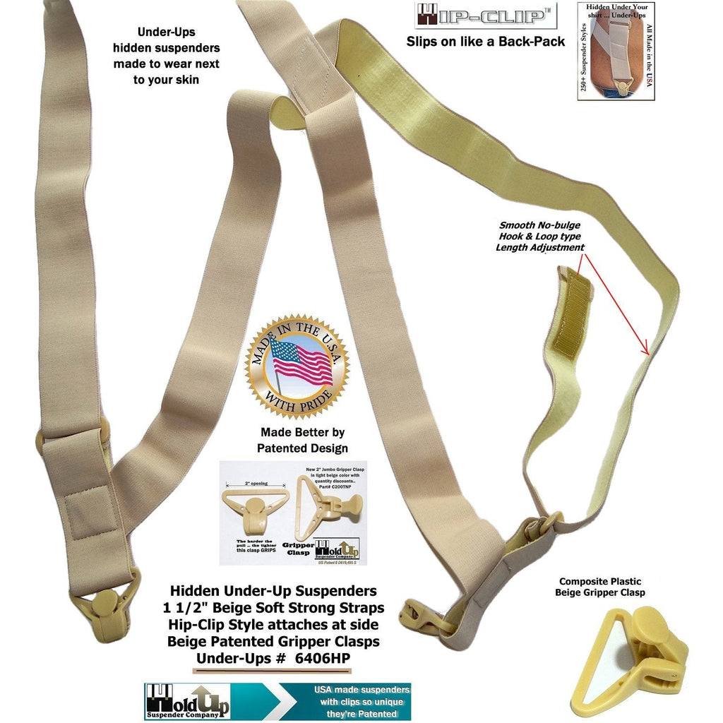 HoldUps Brand 1 1/2" Wide Under-Up Series Tan Invisible Undergarment Suspenders