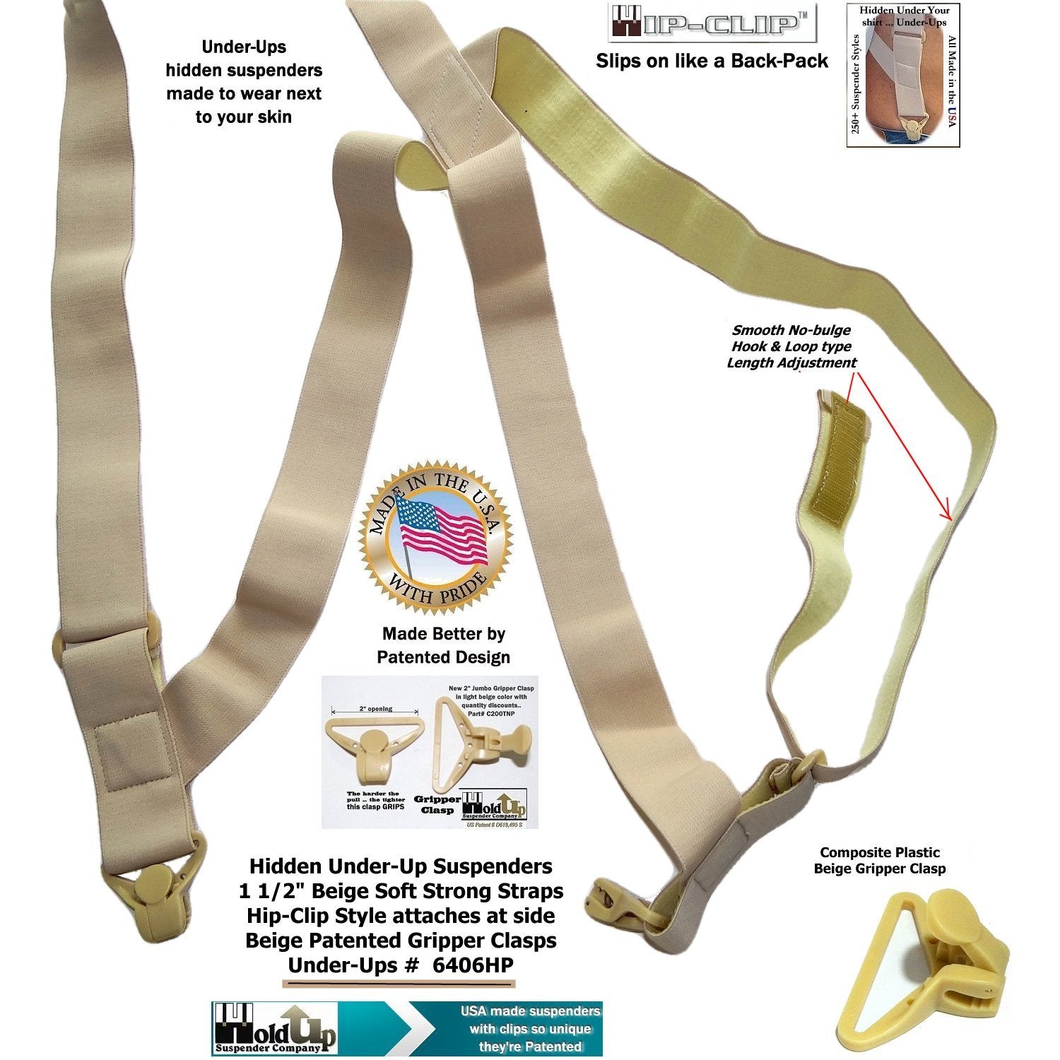 HoldUps Brand 1 1/2" Wide Under-Up Series Tan Invisible Undergarment Suspenders