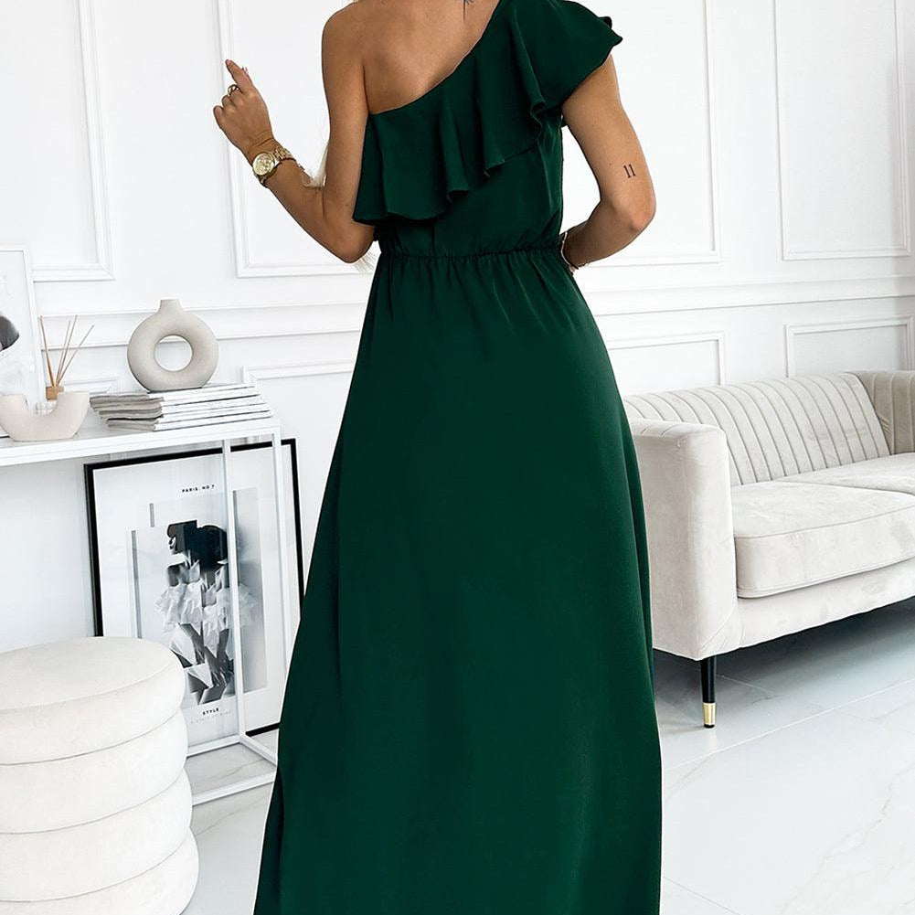 Women's Dresses Green One-Shoulder Ruffled Maxi Dress