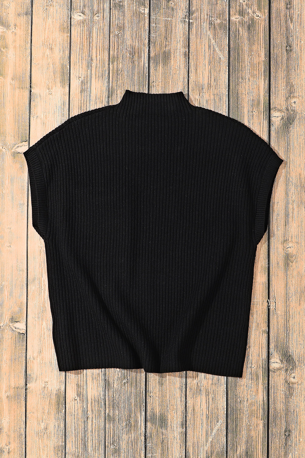 Women's SweatersBlack Patch Pocket Ribbed Knit Short Sleeve Sweater - VacationGrabs