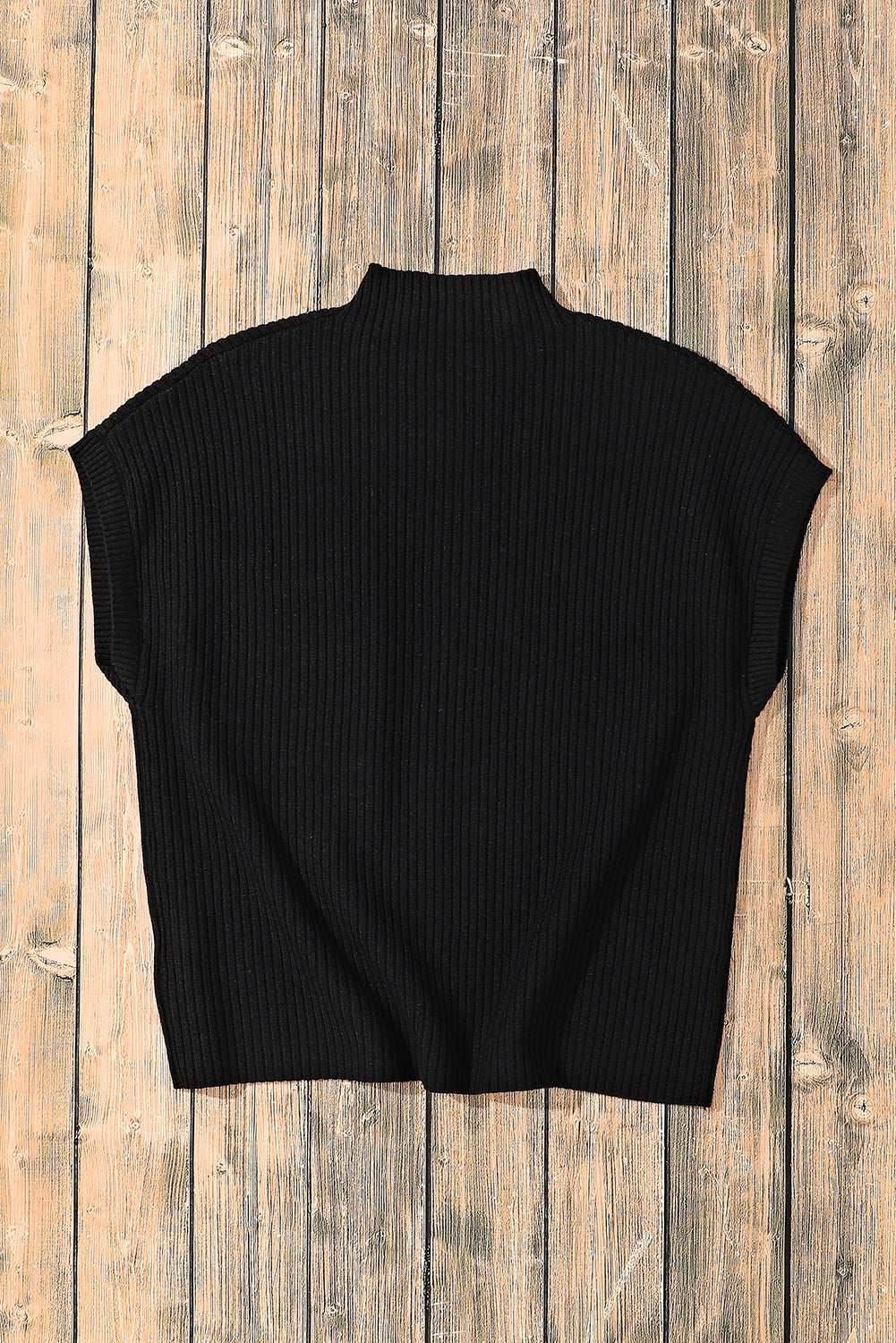 Black Patch Pocket Ribbed Knit Short Sleeve Sweater - VacationGrabs