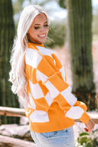 Women's SweatersOrange Checkered Bishop Sleeve Sweater - VacationGrabs