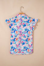 Floral Tie V-Neck Ruffle Short Sleeve Blouse