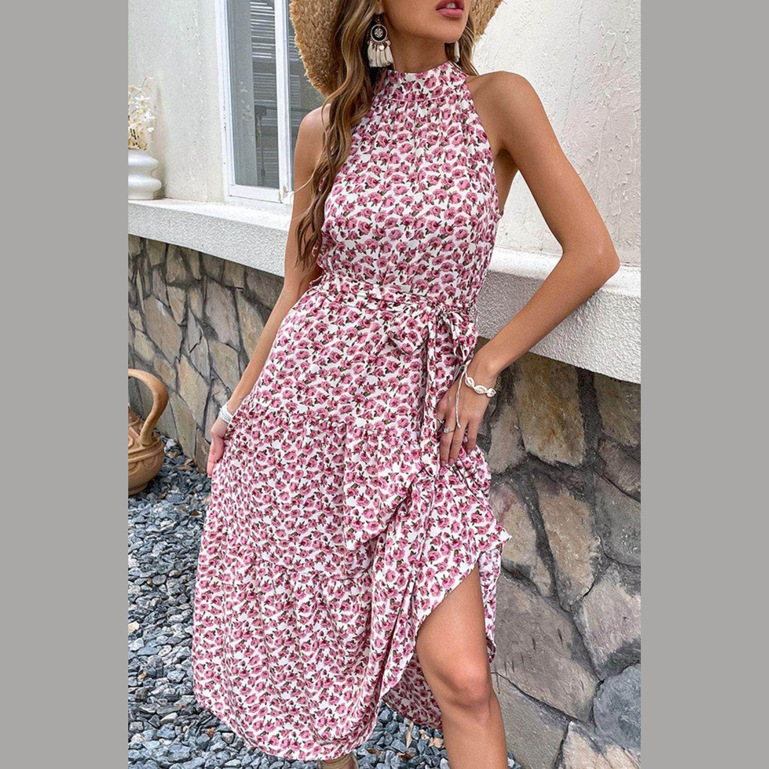 Floral Tie-Waist Tiered Dress - VacationGrabs