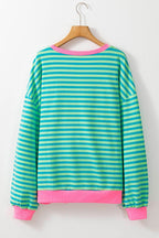 Sky Blue Stripe Oversized Contrast Trim Pullover Sweatshirt - VacationGrabs