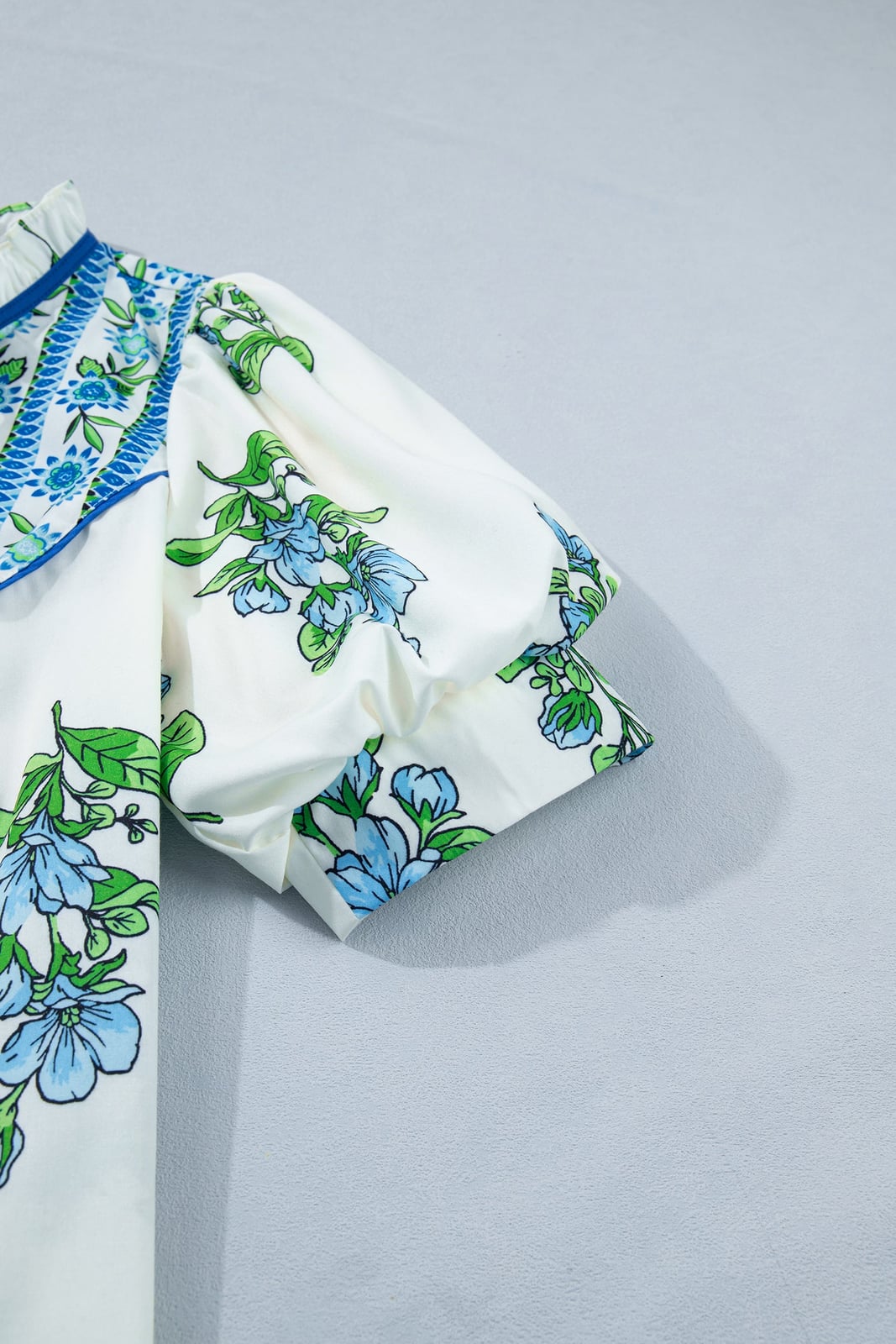 Floral Contrast Trim Tie Neck Blouse