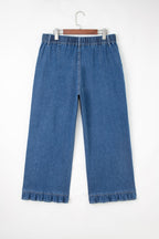 Plus Size Denim Elastic Waist Ruffle Wide Leg Pants