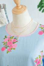 Floral Button Cuffed 3/4 Sleeve Round Neck Blouse