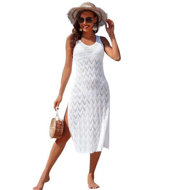 Side Split Crochet Coverup Long Beach Dress - VacationGrabs