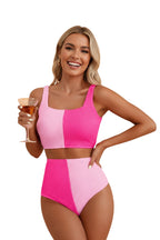 Colorblock Corded Top & High Waist Bikini Set