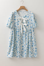 Floral Contrast Bow Puff Sleeve Mini Dress