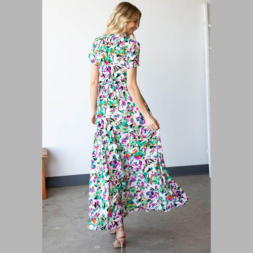 First Love Slit Printed Surplice Tie Waist Short Sleeve - VacationGrabs
