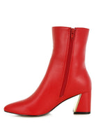 Rag Company metallic accent ankle boots in red with a stylish pointed toe and gold heel details