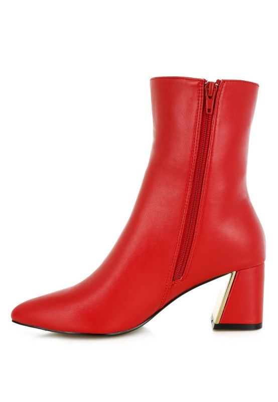 Rag Company metallic accent ankle boots in red with a stylish pointed toe and gold heel details
