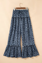 Leopard Frilled Drawstring Waist Wide Leg Pants